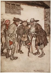Hij vond al snel veel van zijn vroegere vrienden, hoewel ze allemaal nogal versleten waren door de tand des tijds., uit Rip Van Winkle door Washington Irving, pub. 1910