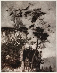 Hij werd alleen beantwoord door een zwerm luie kraaien., uit Rip Van Winkle door Washington Irving, uitgegeven 1910