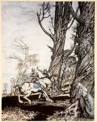 Hoe Sir Launcelot de ridder Sir Peris de Forest Savage doodde die dames, jonkvrouwen en vrouwen in nood bracht, illustratie uit 