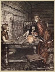 Hunding ontdekt de gelijkenis tussen Siegmund en Sieglunde, illustratie uit 