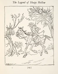 Ichabod Crane ontsnapt aan de ruiter zonder hoofd, uit De Legende van Sleepy Hollow door Washington Irving (1783 - 1859), pub. 1928