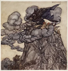 Als ze ontevreden was, zou ze wolken zwart als inkt brouwen, zittend in het midden ervan als een flesbuikige spin in het midden van zijn web; wanneer deze wolken braken, wee de valleien!, uit Rip Van Winkle