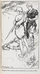 Illustratie van Imogen en haar broers uit Cymbeline.