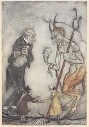 Illustratie van Scrooge en de duivel met twee kleine mannen onder hen