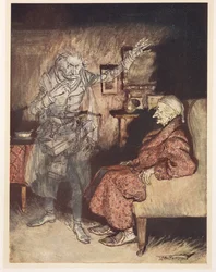 Illustratie van Scrooge met de Geest van Kerstmis Verleden