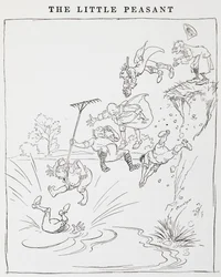 Illustratie van mannen die van een klif in een vijver springen uit De Kleine Boeren