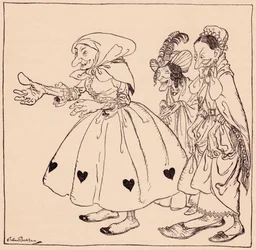 Binnen kwamen de drie vrouwen gekleed in de vreemdste mode. Illustratie door Arthur Rackham uit Grimm