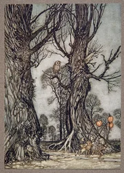 Linkmannen rennen voorop met winterkersen, uit Peter Pan in Kensington Gardens door J M Barrie, pub. 1906