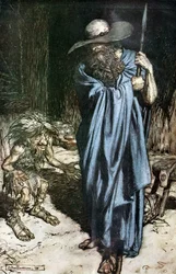 Mime en de Zwerver. Illustratie voor Siegfried en De Schemering der Goden door Richard Wagner