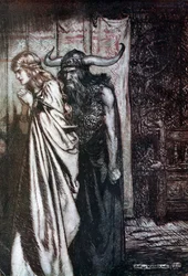 O vrouw verraden, ik zal je vertrouwen wreken! Illustratie voor Siegfried en De Schemering van de Goden