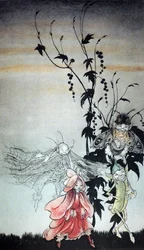 Peaseblossom, Cobweb, Moth, Mustardseed, de feeën die Titania bijstonden in Een Midzomernachtsdroom door Arthur Rackham