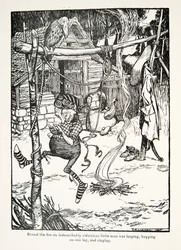Rond het vuur sprong een onbeschrijfelijk belachelijk mannetje op één been en zong, uit De Sprookjes van de Gebroeders Grimm, uitgegeven 1909