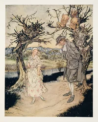 Slenterend in de schemering, uit De Legende van Sleepy Hollow door Washington Irving (1783 - 1859), pub. 1928