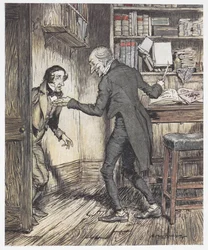 Scrooge schrijft in zijn kantoor terwijl een andere man binnenkomt