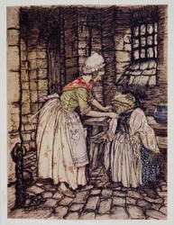 Ze schikte de sjaal met een professionele plooi en knoopte de touwtjes van de roestige bonnet onder zijn kin, uit Wind in the Willows van Kenneth Grahame, pub. 1940