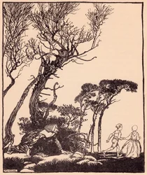 Ze kroop hen stiekem achterna, zoals heksen kruipen. Illustratie door Arthur Rackham uit Grimm