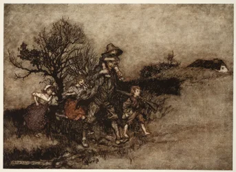 Omringd door een troep kinderen., uit Rip Van Winkle door Washington Irving, pub. 1910