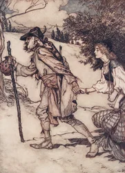 De bedelaar nam haar bij de hand en leidde haar weg, uit De Sprookjes van de Gebroeders Grimm, pub. 1909