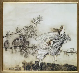 De Feeën hebben ruzie met de Vogels, illustratie uit 1906 voor Peter Pan in Kensington Gardens door J.M. Barrie, uitgegeven 1906