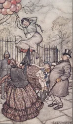 De dame met de ballonnen, die net buiten zit, uit Peter Pan in Kensington Gardens door J M Barrie (1860 - 1937), pub. 1906
