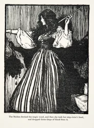 Het meisje haalde de toverstaf, nam toen het hoofd van haar stiefzuster en liet er drie druppels bloed uit vallen, uit De sprookjes van de gebroeders Grimm, gepubliceerd in 1909