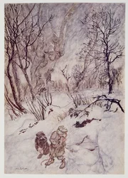 De Rat dacht even na en onderzocht de bulten en hellingen die hen omringden, uit Wind in the Willows van Kenneth Grahame, pub. 1940
