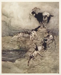 De zeven geitjes en hun moeder dansten rond de bron van vreugde, uit De Sprookjes van de Gebroeders Grimm, uitgegeven 1909