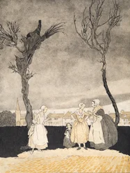 De vrouwen van Sleepy Hollow (binnenomslag), uit De Legende van Sleepy Hollow door Washington Irving (1783 - 1859), pub. 1928