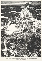 Ze vonden de prinses nog steeds op de rots, maar de draak sliep met zijn hoofd op haar schoot, uit De Sprookjes van de Gebroeders Grimm, uitgegeven 1909