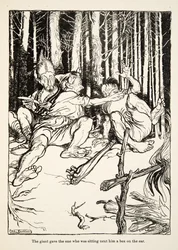De reus gaf degene die naast hem zat een klap op het oor, uit Kleine Broer & Kleine Zus en Andere Verhalen door de Gebroeders Grimm, pub.1917 (litho)