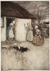 De goede vrouwen van het dorp gaven altijd, tijdens hun avondroddels, Dame Van Winkle de schuld., uit Rip Van Winkle door Washington Irving, uitgegeven 1910