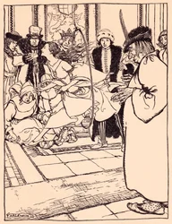 Het mooie meisje sprong door de hoepel zo licht als een hert. Illustratie door Arthur Rackham uit Grimm