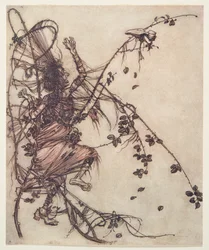 Hoe sneller hij speelde, hoe hoger ze moest springen, uit De Sprookjes van de Gebroeders Grimm, uitgegeven 1909