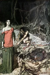 Het hofmaken van Grimhilde, de moeder van Hagen. Illustratie voor Siegfried en De Schemering van de Goden