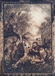 Ze werkten zichzelf zo in een razernij dat ze bomen met wortel en al uittrokken en op elkaar inhakten tot ze beiden dood neervielen, uit De Sprookjes van de Gebroeders Grimm, pub. 1909