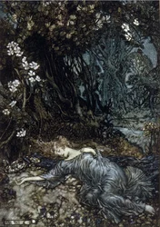 Titania de koningin van de feeën slaapt. Illustratie door Arthur RACKHAM (1867-1939) voor De droom van een zomernacht door William SHAKESPEARE