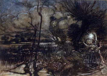 Twee personages verdrinken niet in het moeras, Puck helpt hen met een vuur. Illustratie door Arthur RACKHAM voor De Droom van een Zomernacht door William SHAKESPEARE