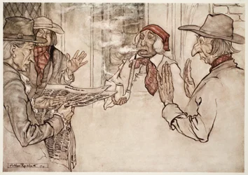Wanneer iets hem mishaagde, zag men hem hevig zijn pijp roken en korte, frequente en boze rookwolkjes uitstoten, uit Rip Van Winkle van Washington Irving, gepubliceerd in 1910