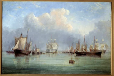 Zeegaande schepen en aangemeerde zeilboten. Schilderij van Arthur Wellington Fowles (1815-1883), 19e eeuw, Museum voor Schone Kunsten van Orléans