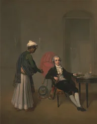 Portret van een heer, mogelijk William Hickey, en een Indiaanse bediende