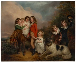 Portret van de kinderen van Benjamin Goldsmid, met een pony en een hond in een landschap