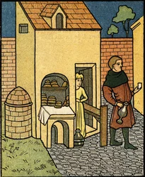 Een bakkerij in de 16e eeuw. naar een miniatuur uit die tijd.