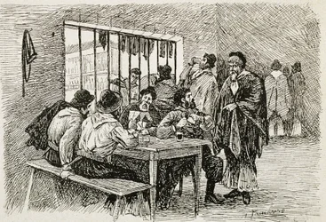 Argentinië (20e eeuw). “Pulperia”, een taverne en slijterij. Illustratie door T.Tamarera. Gravure