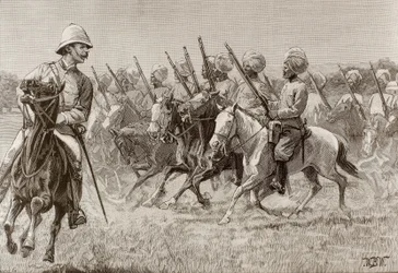 Brits rijk (19e eeuw). De nieuwe regimenten van Birma. Compagnie van gemonteerde infanterie van het tweede regiment. Gravure.