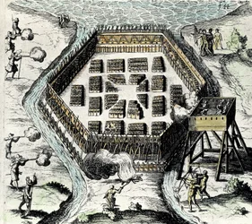 CHAMPLAIN, Samuel de (1567-1635). Engelse navigator, cartograaf, tekenaar, soldaat en ontdekkingsreiziger. Hij stichtte Nieuw-Frankrijk en Quebec City op 3 juli