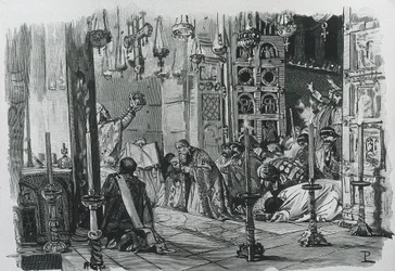 KAREL DE GROTE of KAREL I (742-814). Koning van de Franken en de Longobarden (768-814) en Heilige Roomse Keizer (800-814). Kroning van Karel de Grote als Heilige Roomse Keizer (800). Gravure.