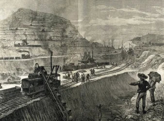 Bouw van het Panamakanaal. Baggerwerkzaamheden in het dorp Culebra. Originele tekening door Meltor Prior. Afbeelding gepubliceerd in 