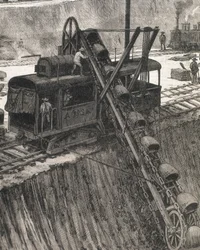 Bouw van het Panamakanaal. Baggerwerkzaamheden in het dorp Culebra. Originele tekening door Meltor Prior. Afbeelding gepubliceerd in 