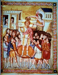 Kroning van koning David (1015 - 975 v.Chr.), koning van Israël. Miniatuur in "Psaltier de Paris" Folio 6v