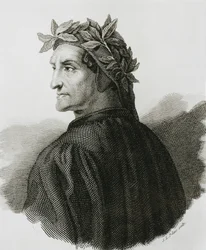 Dante Alighieri (1265-1321). Italiaanse dichter.; Raphael (1483-1520). Reproductie van een fresco van Raphael. Gravure.